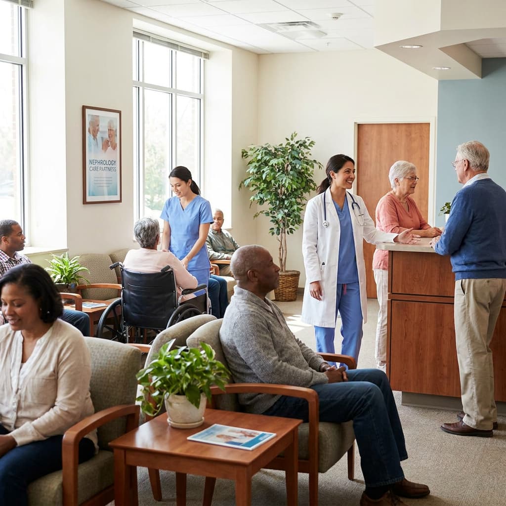 Nephrology clinic waiting room with patients and care team