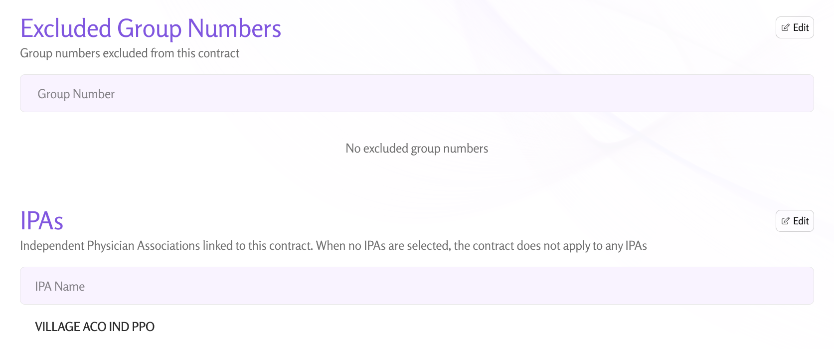 Silna payor contract configuration showing Excluded Group Numbers and IPAs